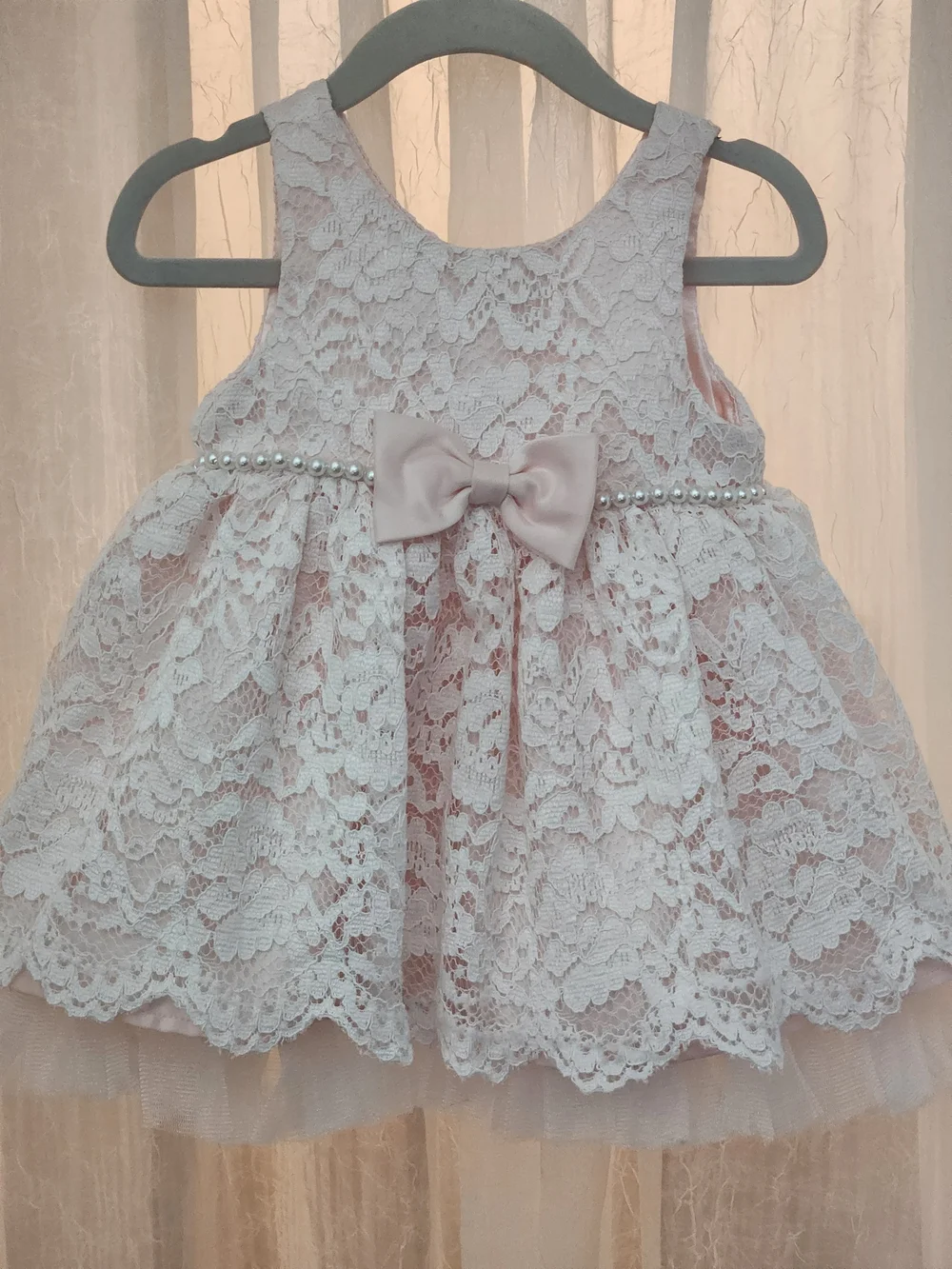 American Princess Pale Pink Lace Pearl-Trim Dress, S-18mons, EPreLC